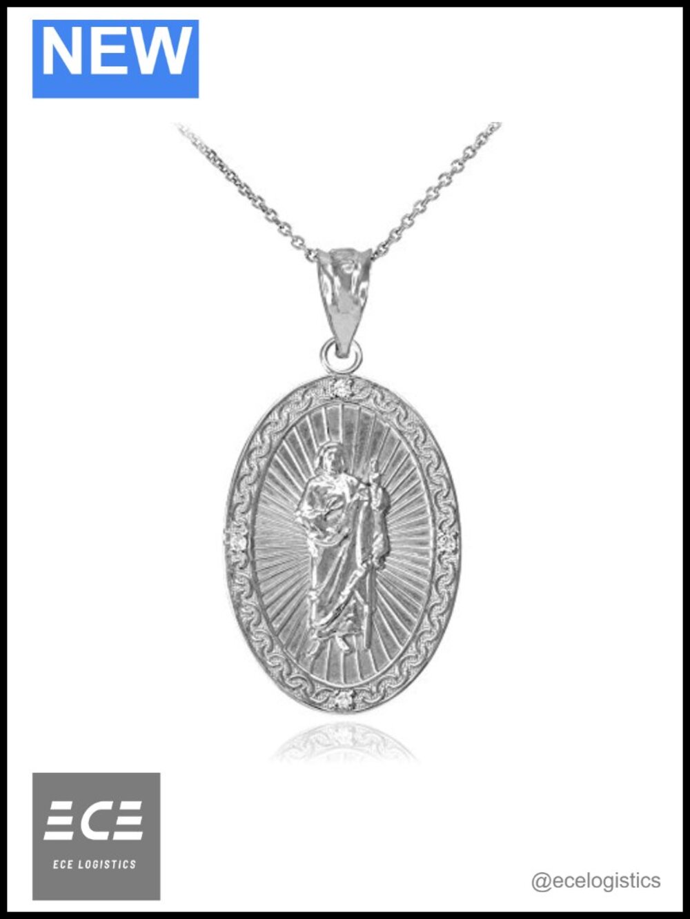 Sterling Silver St Jude Thaddeus CZ Oval Medal Pendant Necklace Rolo Chain